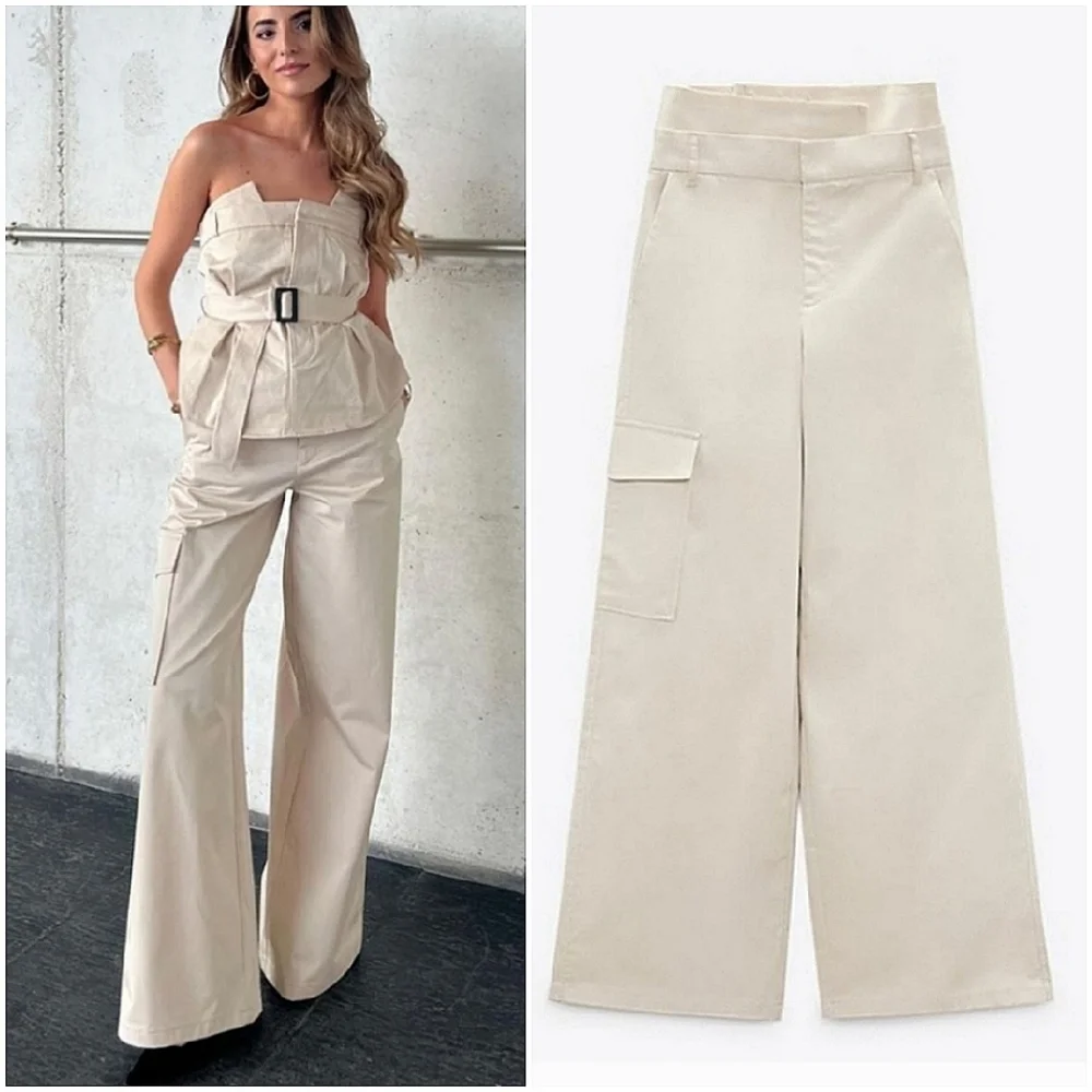 Zara Wide Pants Light Beige Size L